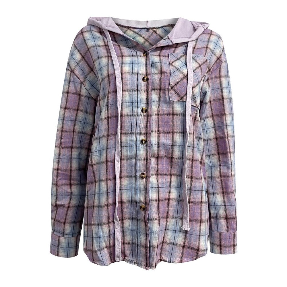 NWT Hem & Thread Womens Size Small Purple Multi Plaid Hooded Shirt Top NEW